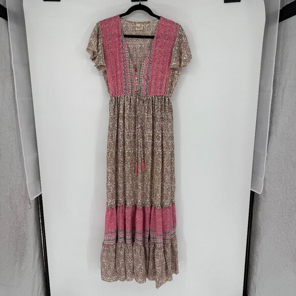 Boho Madrid Maxi Dress Size Small Short Sleeve V Neck Spring‎ Beachy Pink - Picture 1 of 16